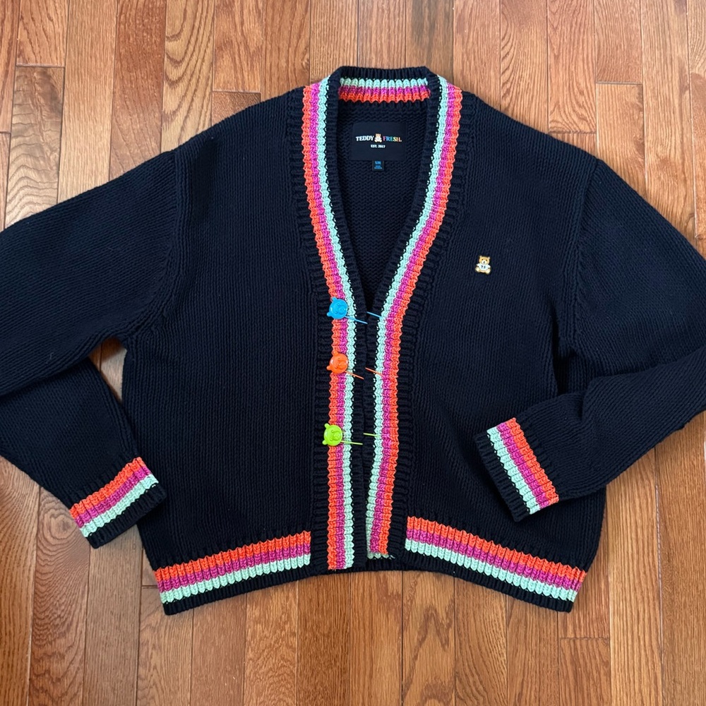 Teddy Fresh Black Cardigan with Colorful Trimming S/M